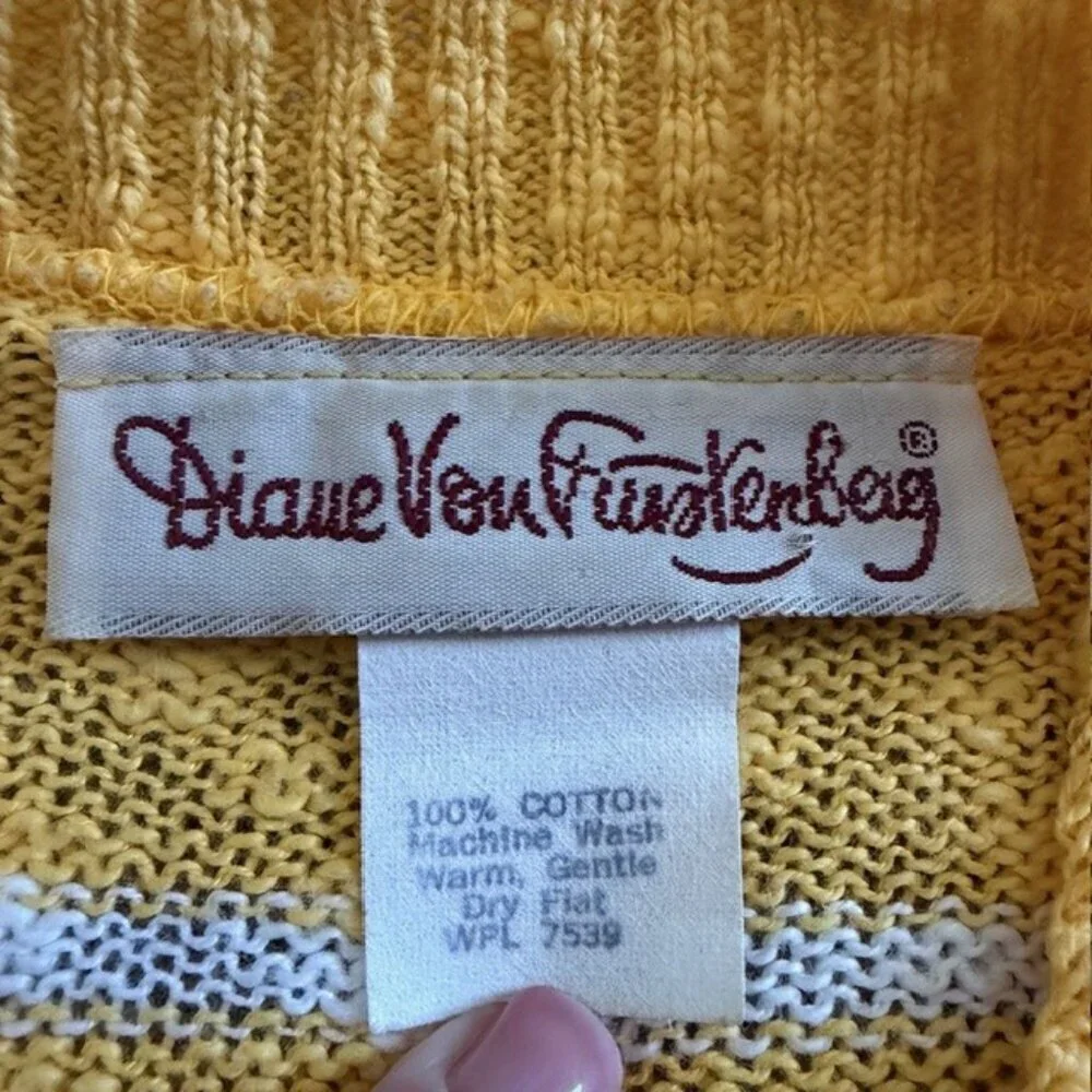 VINTAGE 80s DVF Diane Von Furstenberg Yellow Striped V-Neck Sweater Small